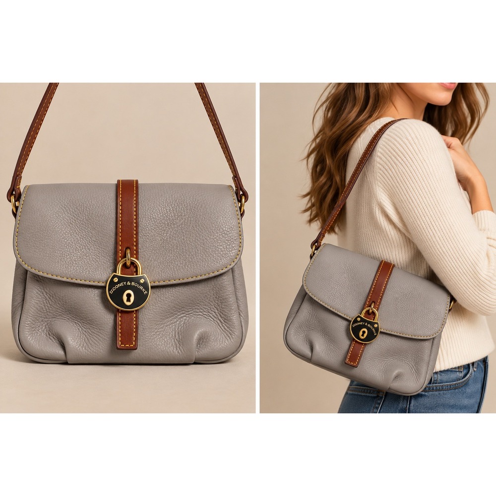 Dooney & Bourke Women Crossbody Bag Small Grey Pebble Leather Lock Charm Bag